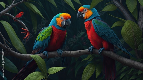 Illustration of a tropical rainforest with parrots © Korney