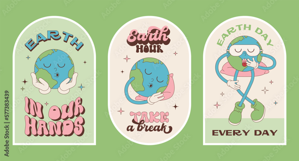 A set of Earth Day and Hour stickers. Illustration in retro groove style with the character planet Earth. Editable stroke A set of Earth Day and Hour stickers. Illustration in retro groove style with the character planet Earth. Editable stroke