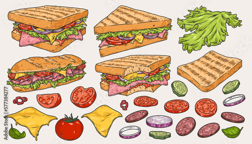 Sandwich ham logotypes set colorful