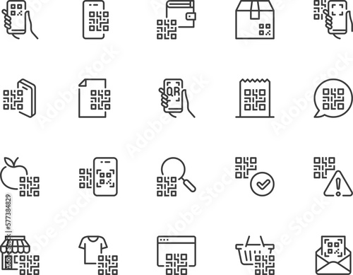 Scanning QR codes. Scanning process for payment. Goods with qr codes. Vector Line Icons Set. Editable Stroke. Pixel Perfect.