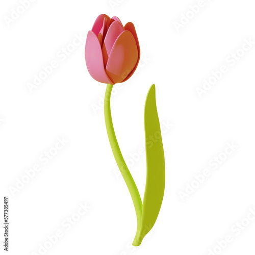 Pink tulip with green leaf isolated on white background. 3d rendering