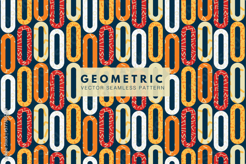 Oblong shape memphis geometric colorful shapes on a dark blue background seamless vector repeat pattern