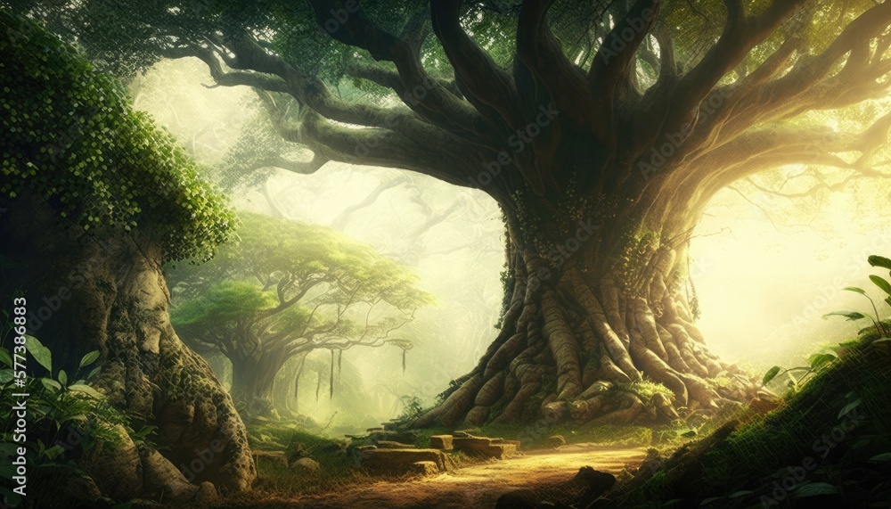 Fantasy groves of colossal trees, generative ai