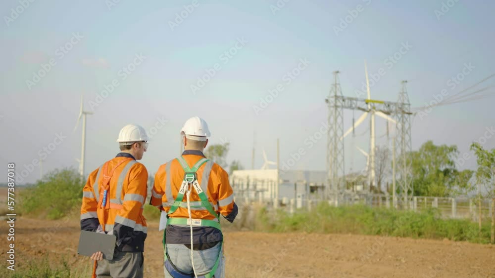 Rear view of two caucasian electrical worker engineer a working with digital tablet, power near tower with electricity and row of windmill or wind turbine . energy business technology industry concept Rear view of two caucasian electrical worker engineer a working with digital tablet, power near tower with electricity and row of windmill or wind turbine . energy business technology industry concept