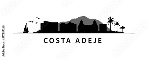 Costa Adeje Skyline Tenerife Island Santa Cruz. City Landscape Canary Islands. Coastline vector graphic.