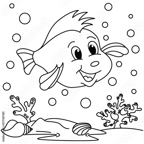 Funny fish cartoon characters vector illustration. For kids coloring book.