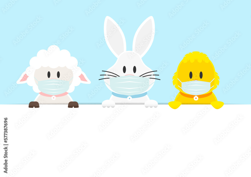 Obraz premium Schaf, Weißer Osterhase & Küken Maske Karte Himmel