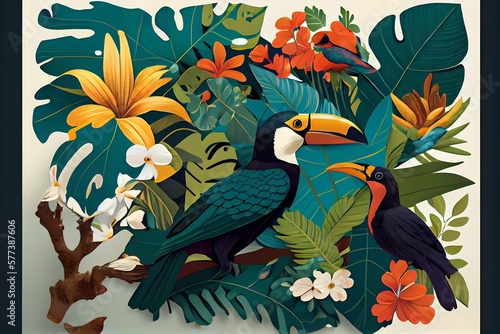 Tropical wallpaper background with plants and birds.The best computer wallpaper, incredible abstract background for the cover