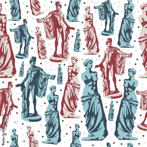 Statues of Venus de Milo (goddess of love) and Apollo Belvedere. Seamless pattern.Stylization of light and shadow. Vector illustration, EPS 10.Classic sculpture concept, pop art style. ?ensored strips