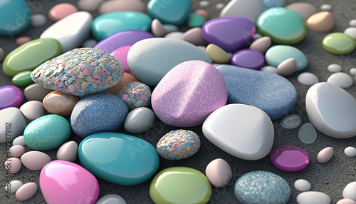 Pebbles, metallic, stones iridescent cobbles, background. builder for spring, easter, pastel color. Generative AI. © Caphira Lescante