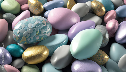 Pebbles, metallic, stones iridescent cobbles, background. builder for spring, easter, pastel color. Generative AI. © Caphira Lescante