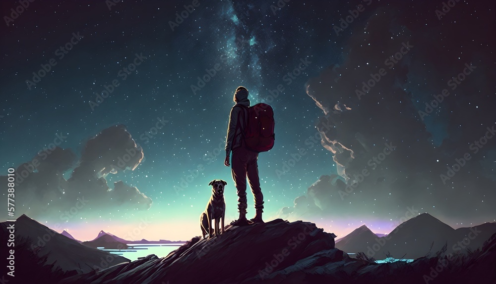 young hiker with backpack and a dog standing on the rock and looking at stars in the night sky, digital art style, illustration painting, Generative AI