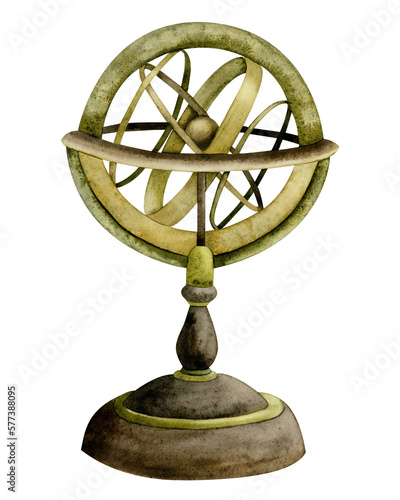 Watercolor navigation armillary sphere, vintage spherical astrolabe instrument illustration isolated on white photo