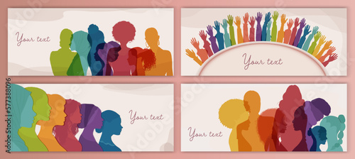 Silhouette group of multicultural women. Female social community of diverse culture.Racial equality. Colleagues. Empowerment or inclusion.Template banner poster. International Women’s day