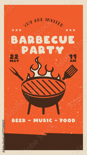 Retro BBQ party card template. BBQ grill square card for social media marketing, stories. Barbecue post design. Stock vector poster flyer