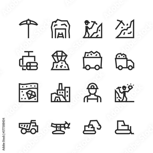 Mining industry, icons set in a linear style on the theme of mining, extraction of natural resources, precious stones. Pickaxe, miner, dumper, truck, machinery, mine, etc. Editable stroke width