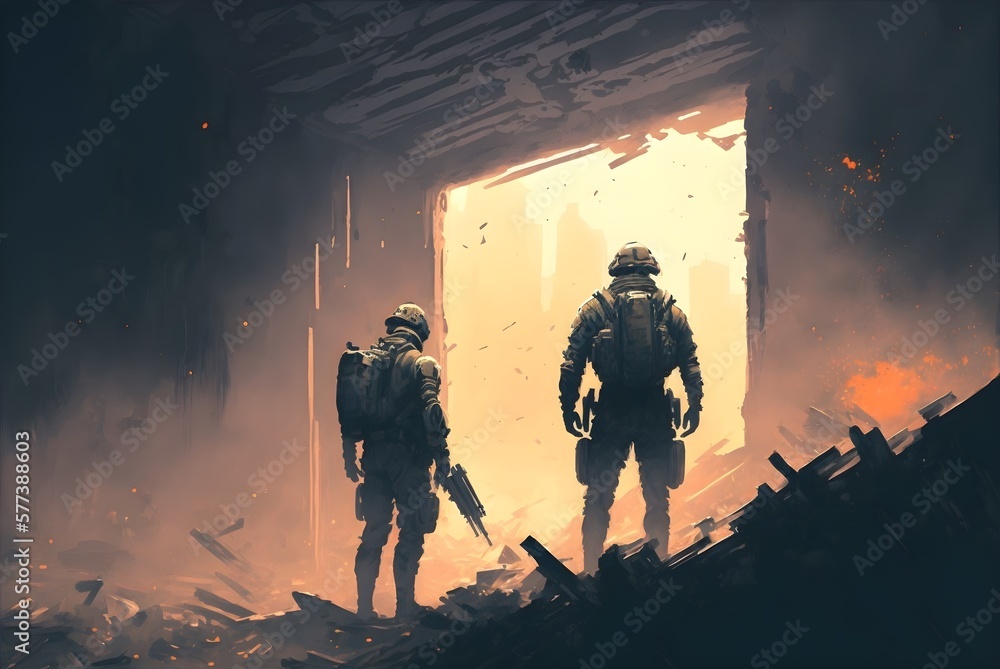 confrontation of two futuristic soldiers in an abandoned building, digital art style, illustration painting, Generative AI