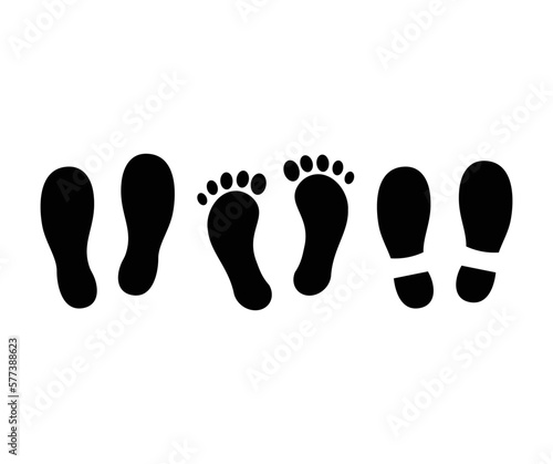 Set different human footprints. Footprint silhouette. Footsteps icon or sign for print. Simple footprints set vector design and illustration. 