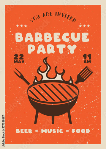 Retro BBQ party flyer template. BBQ grill card for social media marketing. Barbecue post design. Stock vector poster