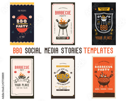 Retro BBQ party card templates set. BBQ grill cards for social media marketing, stories. Barbecue post designs. Stock vector poster flyers