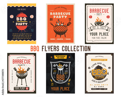 Retro BBQ party flyer templates set. BBQ grill cards for social media marketing. Barbecue post designs. Stock vector poster