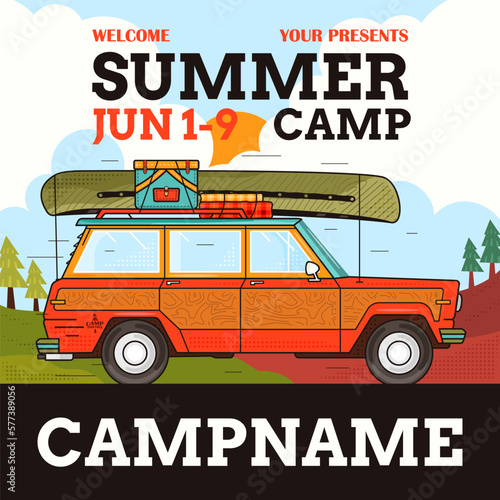Adveture Summer Camp Social media post template with retro camper car. Classic camping invitation card design. Stock vector poster graphics