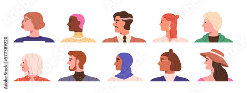 People faces profiles set. Diverse happy men and women head portraits, side view. Human characters avatars of different race, age, hairstyle. Flat vector illustrations isolated on white background