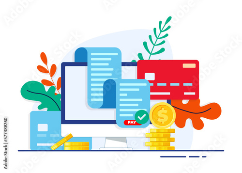 Electronic bill online payment flat illustration concept with desktop computer, credit card, coins