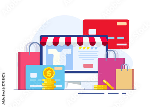 Online shopping, or digital store on desktop computer vector flat illustration with credit card, coins shopping bag, Online shop, e-commerce website