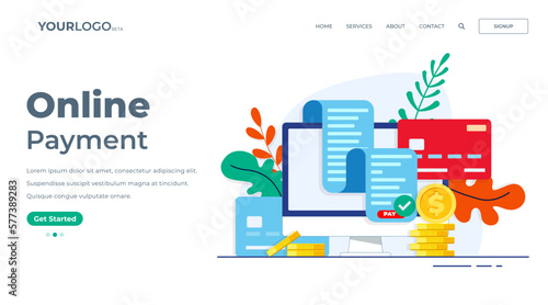 Flat illustration of electronic bill online payment concept with desktop computer, credit card, coins for web banner, landing page
