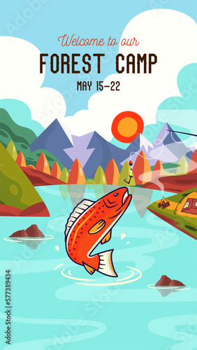 Forest Camp Social media post template with mountains landscape and fish. Classic camping invitation stories design. Stock vector poster graphics