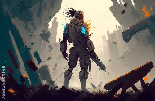 futuristic man with high-tech weapons standing on the rubble, digital art style, illustration painting, Generative AI