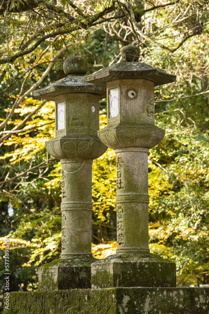 日本 奈良県奈良市の奈良公園内にある春日大社への向かう道に建つ灯籠 日本 奈良県奈良市の奈良公園内にある春日大社への向かう道に建つ灯籠