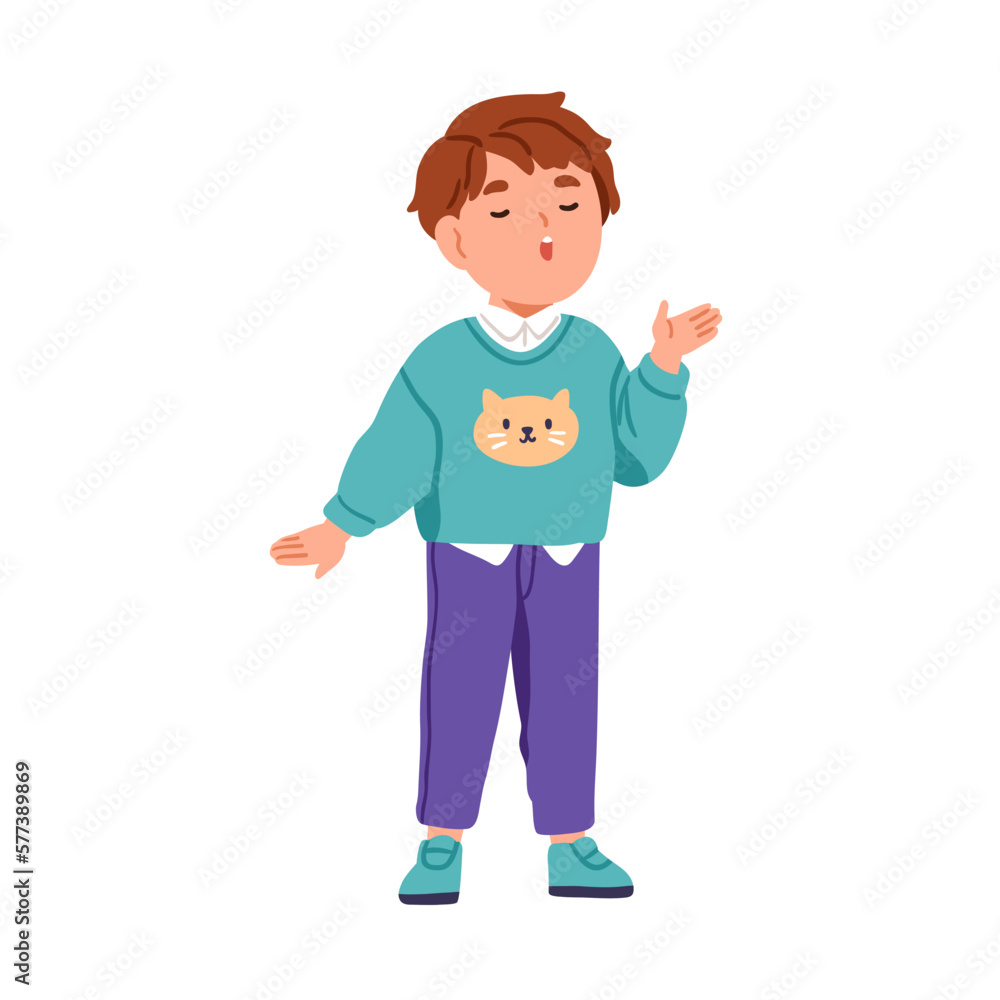 Cute little kid singing. Small child singer performing song to music. Elementary school student, adorable vocalist character with vocal talent. Flat vector illustration isolated on white background Cute little kid singing. Small child singer performing song to music. Elementary school student, adorable vocalist character with vocal talent. Flat vector illustration isolated on white background