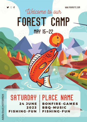 Forest Camp flyer template with mountains landscape and fish. Classic camping invitation card design. Stock vector poster graphics