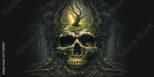 overgrown abstract skull in a scary forest, copy space, Generative AI