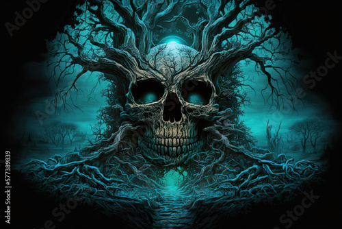 scary skull tree in a blue landscape  Generative AI