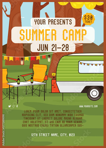 Adventure Summer Camp flyer template with RV Trailer. Classic camping invitation card design. Stock vector poster graphics