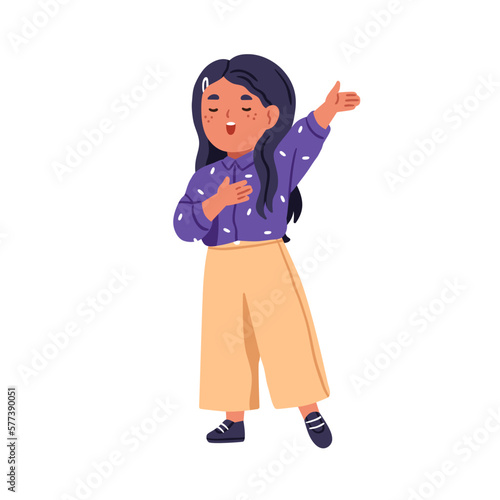 Cute little kid singing. Hispanic girl singer performing song with emotions, gesturing with hands. Kindergarten child with vocal and music talent. Flat vector illustration isolated on white background