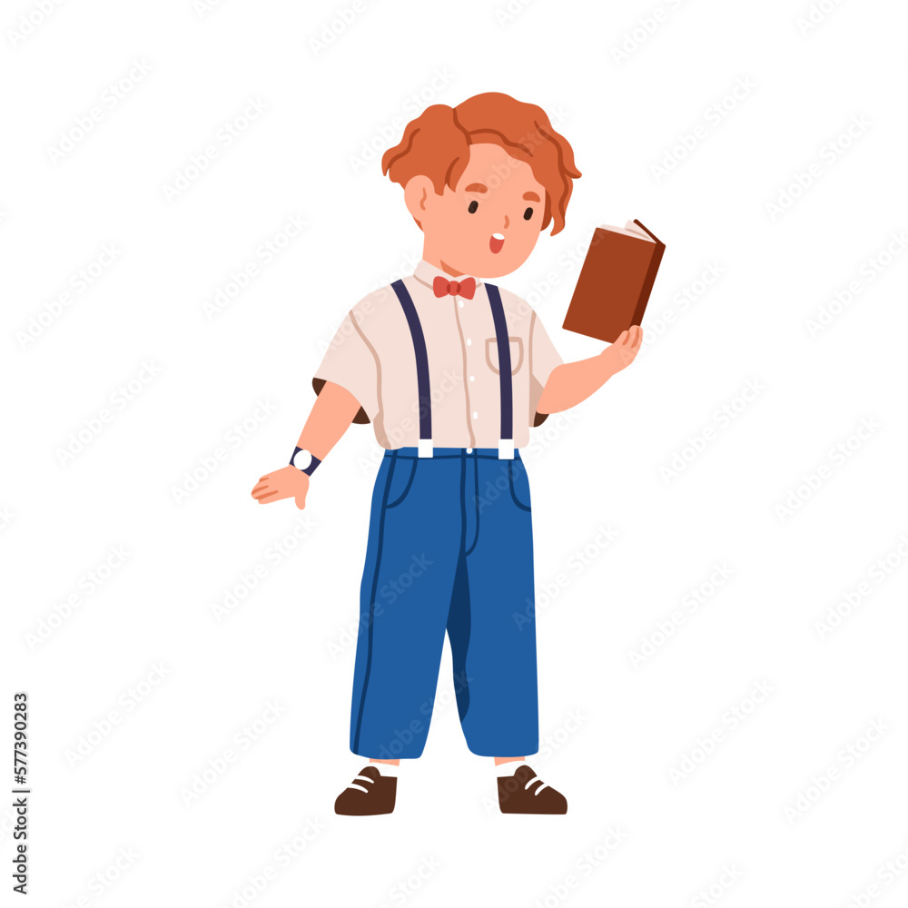 Cute little boy reading poetry, learning and reciting poem. Small kid performing song, standing with book in hand. Elementary school child singer. Flat vector illustration isolated on white background Cute little boy reading poetry, learning and reciting poem. Small kid performing song, standing with book in hand. Elementary school child singer. Flat vector illustration isolated on white background