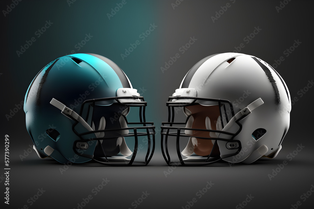 Fototapeta premium Two football helmets sitting side by side. Generative AI