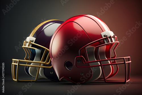 Two football helmets sitting side by side. Generative AI