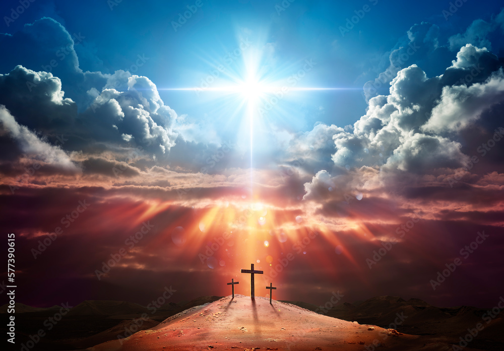 Resurrection - Light Cross Shape In Clouds - Risen - Jesus Ascends to Heaven Scene - obrazy, fototapety, plakaty 