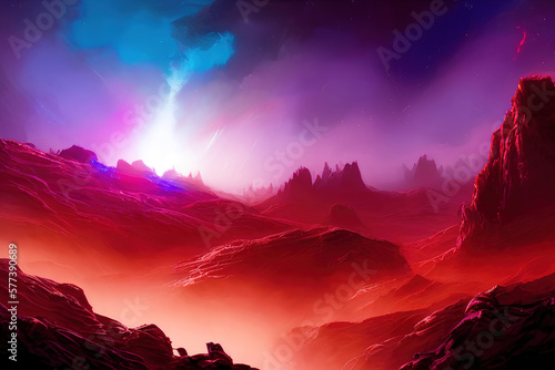 Landscape of an alien planet  3d illustration of fictional other worlds  in the universe  science fiction cosmic background. Generative Ai.