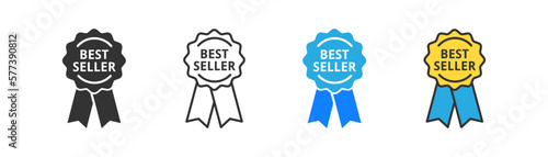 Best seller icon on light background. First place symbol. Sale, badge, medla, ribbon, award, sticker for cover books, products. Outline, flat and colored style. Flat design. Vector illustration.