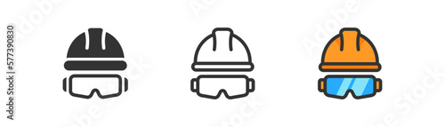 Protection glasses and hardhat icon. Safety first symbol. Worker, builder, helmet, manufacture, engineer, personal protect. Outline, flat and colored style. Flat design. Vector illustration. photo