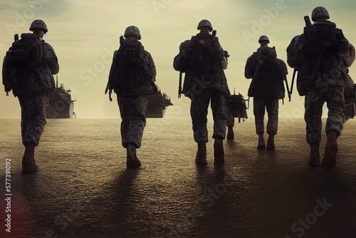 Fotografia soldiers returning to battleship on beach. Generative AI