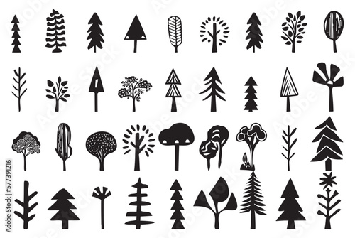 Set of woodland tree vector motifs. Collection of botanical forest illustrations.