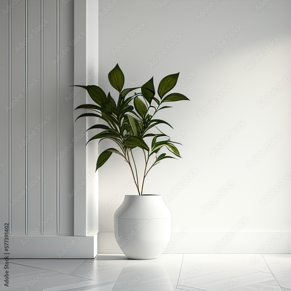 Modern minimalist interior with a plant in a fashionable vase on a white wall background Modern minimalist interior with a plant in a fashionable vase on a white wall background
