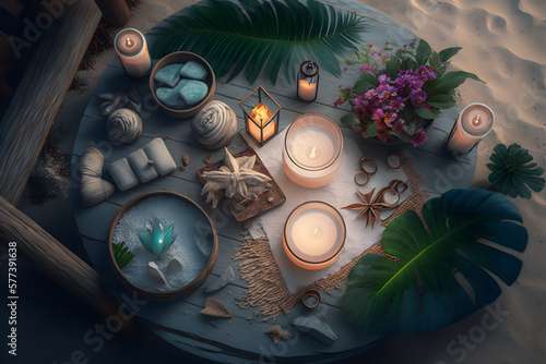 Spa and wellness accessories in the beach, top view with leaves and flower